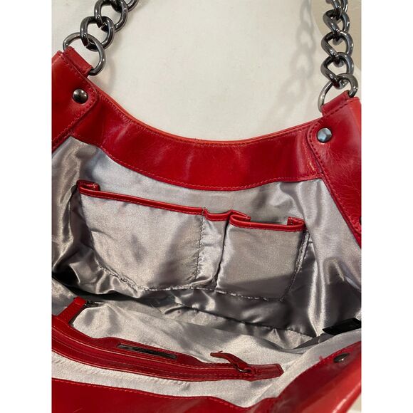 ~ Kenneth Cole NY leather bag shoulder purse brick red, double strap metal chain - Picture 3 of 16